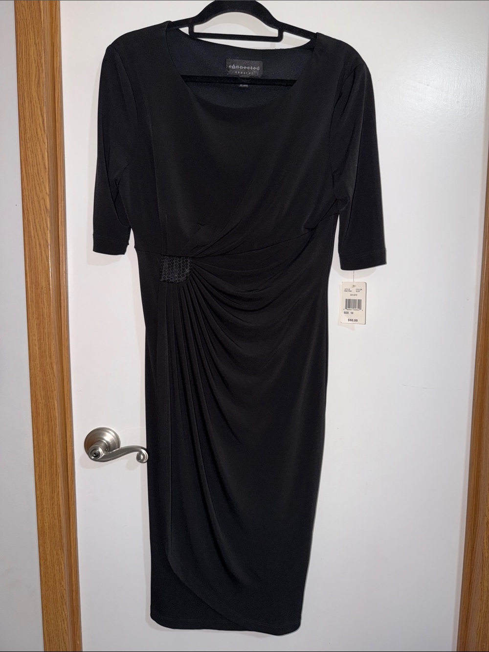 connected apparel Black Draped Midi Dress with Side Gather